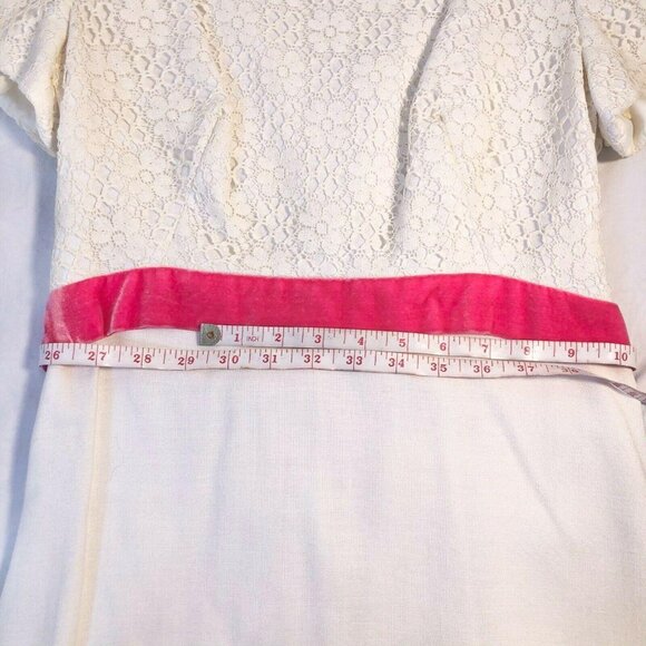 Vintage White Lace Maxi Dress Pink Velvet Waist Cap Sleeves Elegant Formal Wear - Picture 10 of 12